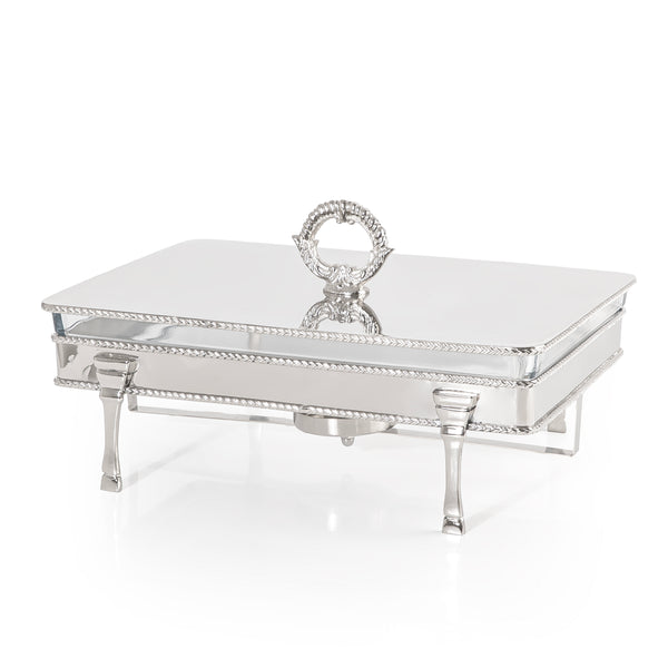 Rectangular Silver Stainless Steel Chafing Dish with Interior Glass Bowl and Handle - Large