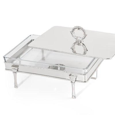 سخان طعام مستطيل ستانلس ستيل فضي مع وعاء زجاجي داخلي ومقبض – كبير