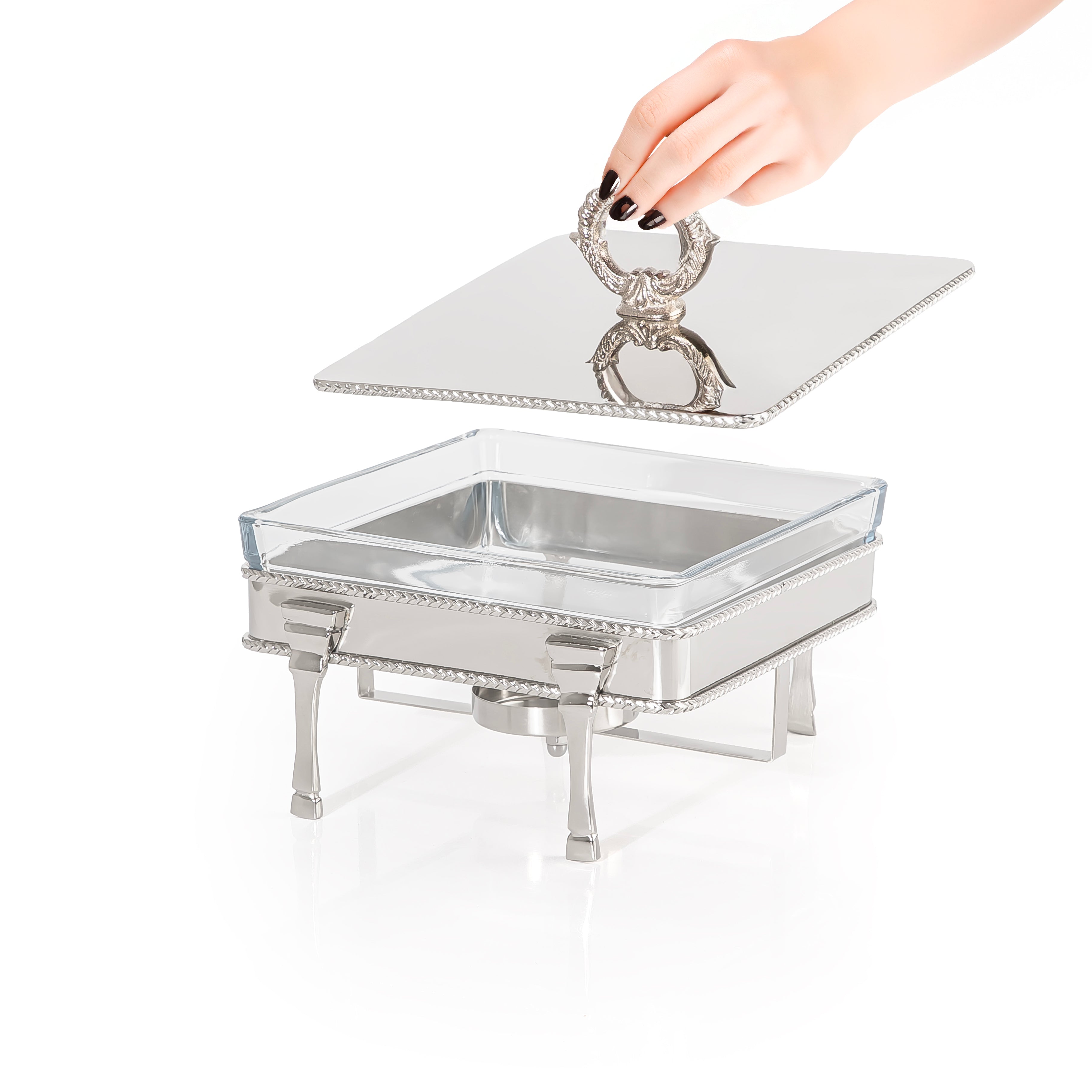 Square Silver Stainless Steel Chafing Dish with Interior Glass Bowl and Handle