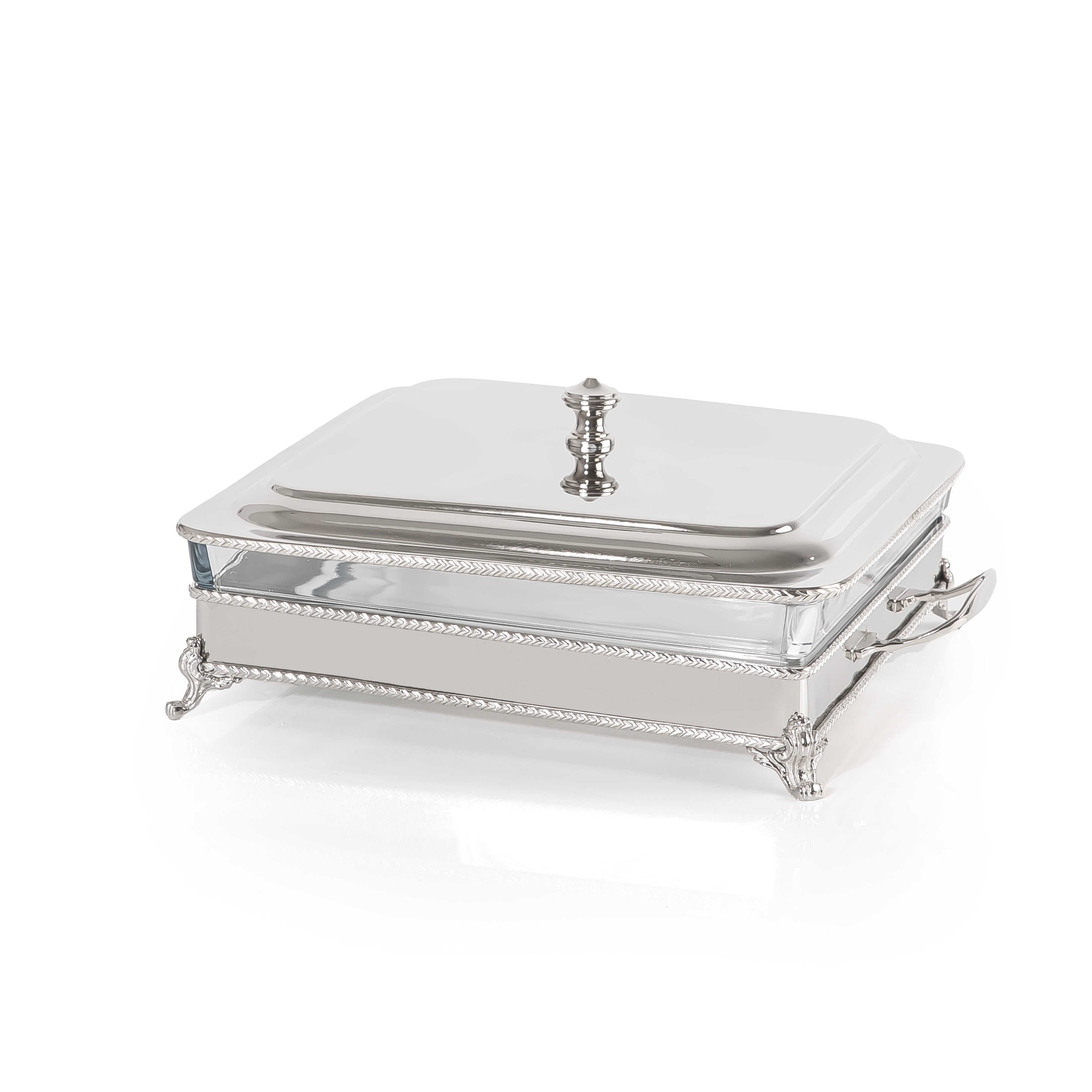 Rectangular Silver Stainless Steel Chafing Dish with Interior Glass Bowl
