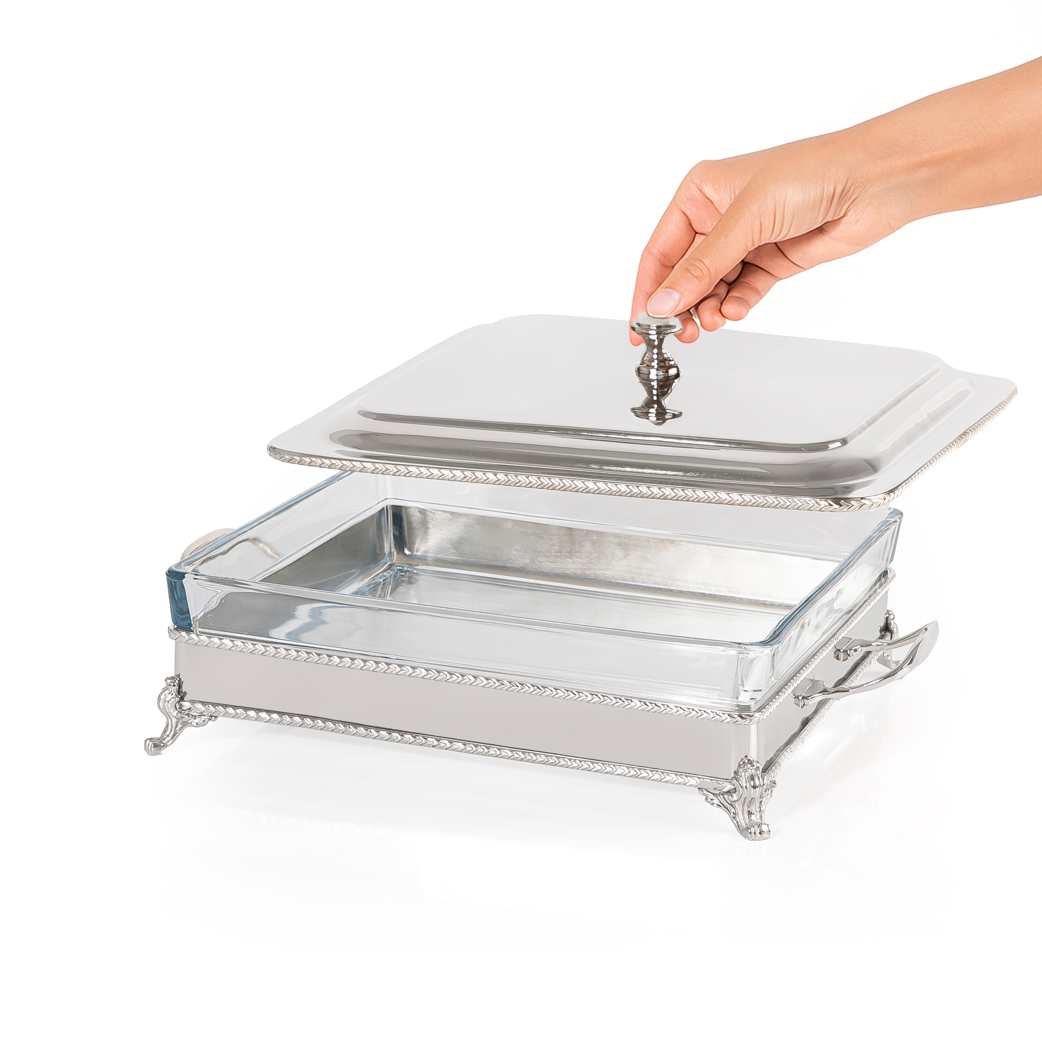 Rectangular Silver Stainless Steel Chafing Dish with Interior Glass Bowl