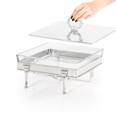 Square Silver Stainless Steel Chafing Dish with Interior Glass Bowl and Handle