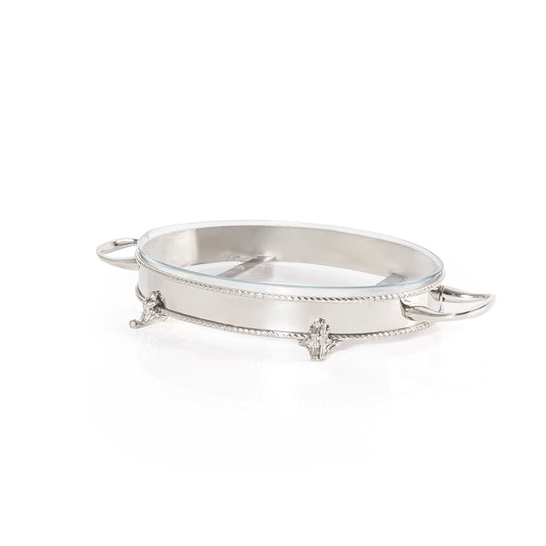 حامل تقديم بيضاوي من الستانلس ستيل مع وعاء زجاجي داخلي - صغير