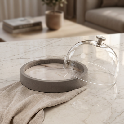 Leather Plate with glass cover - Beige