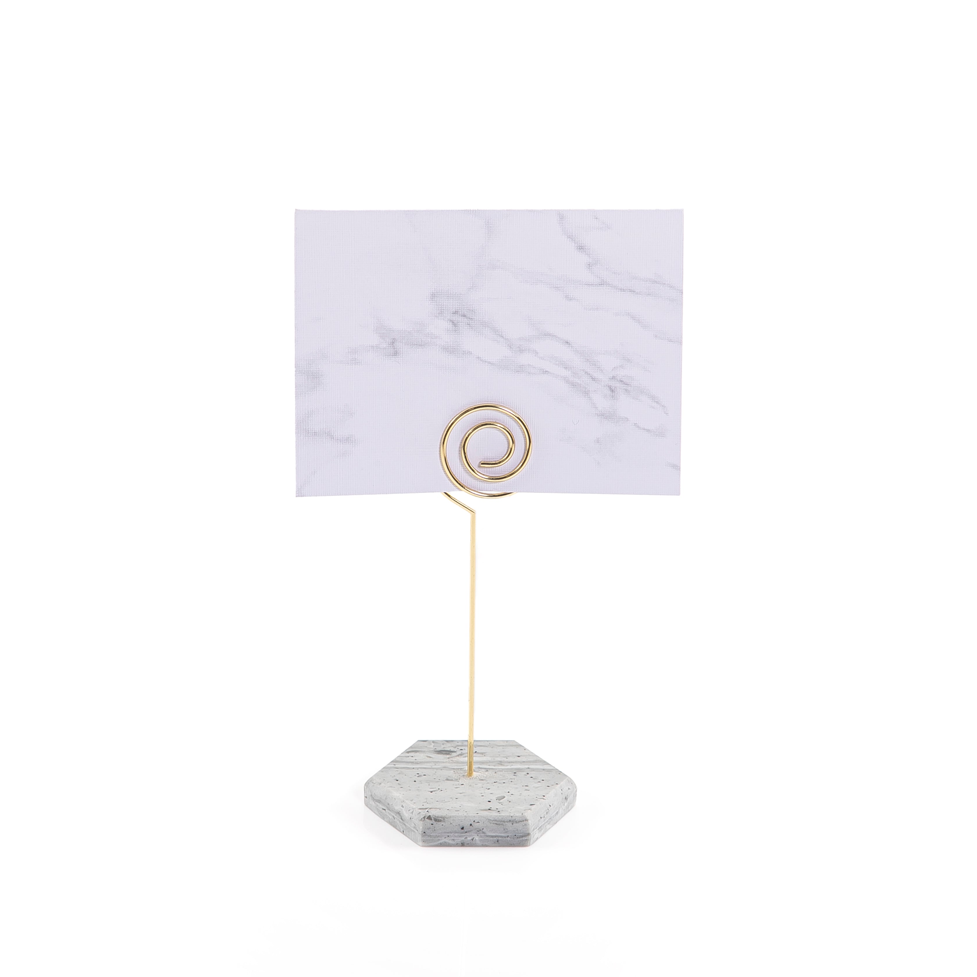 Hexagonal marble card stand with a golden steel column