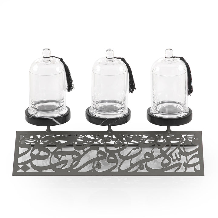 Set of stand with 3 glass jars and marble with arabian design