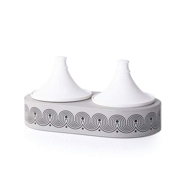 Leather Oval stand with 2 Pyramid-Shaped Ceramic Bowls