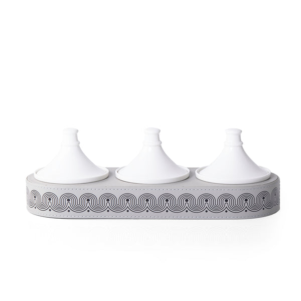 Leather Oval stand with 3 Pyramid-Shaped Ceramic Bowls