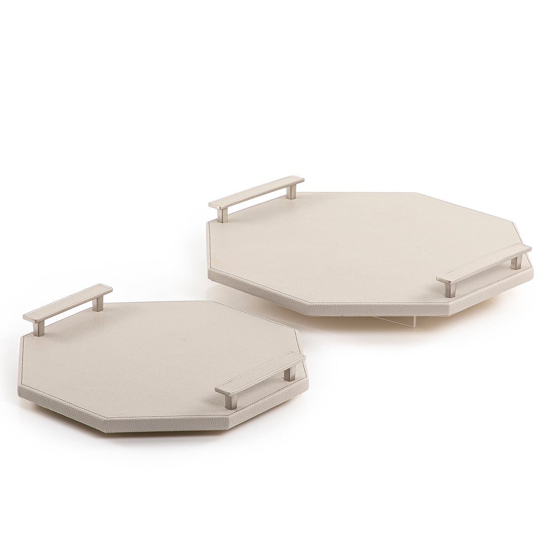 Hexagonal shape 2 Wooden Tray, Wrap with Light Grey Color leather