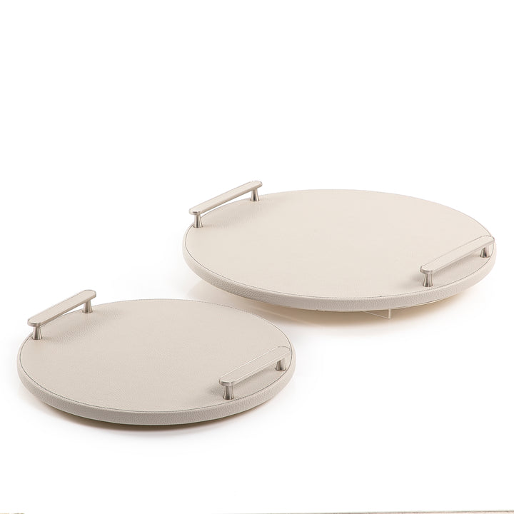 Round Shape 2 Wooden Tray, Wrap with Light Grey Color leather