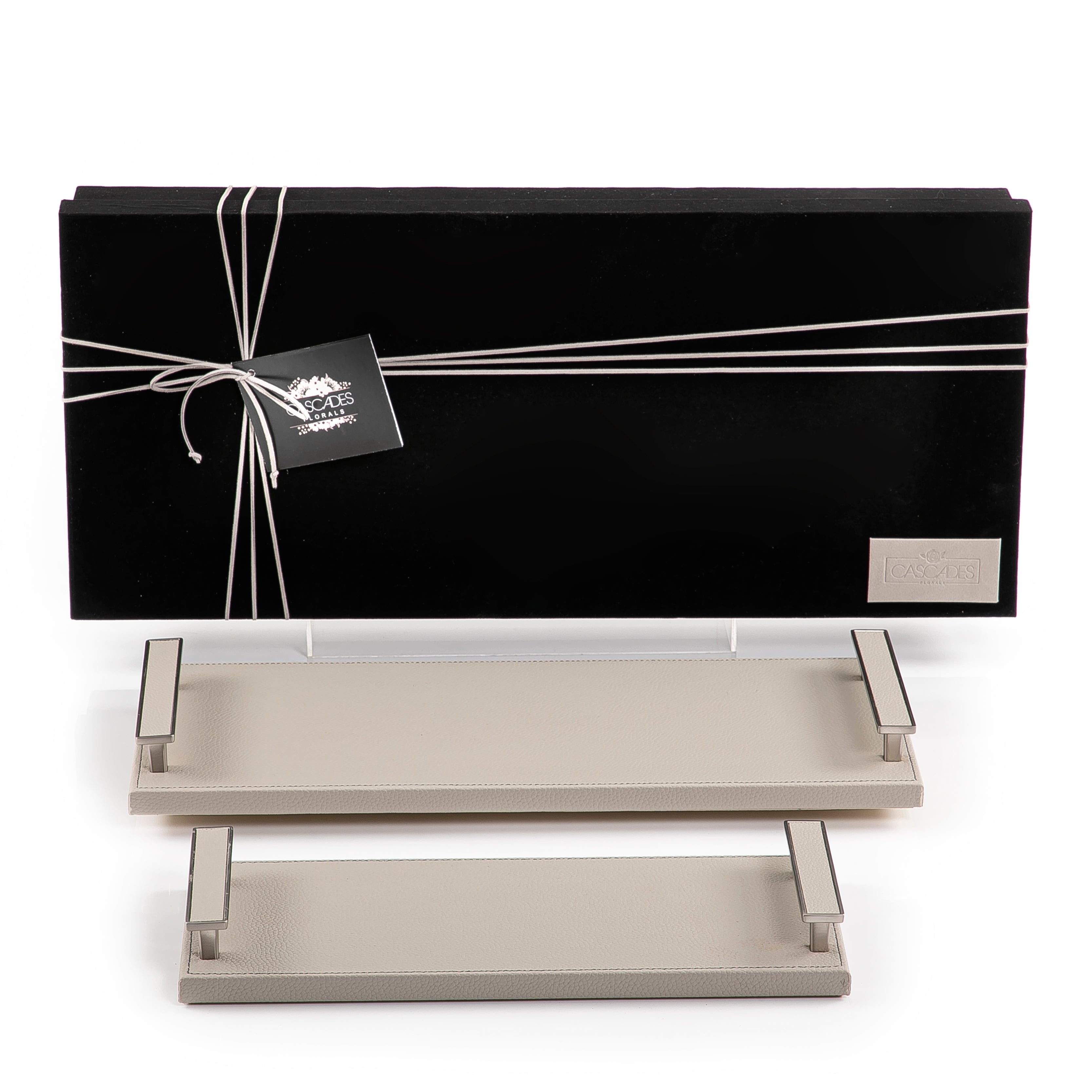 Wooden Tray set, Wrap with Light Grey Color leather