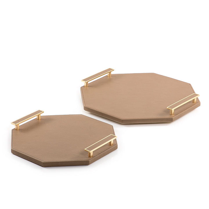 Hexagonal shape 2 Wooden Tray, Wrap with Brown Color leather