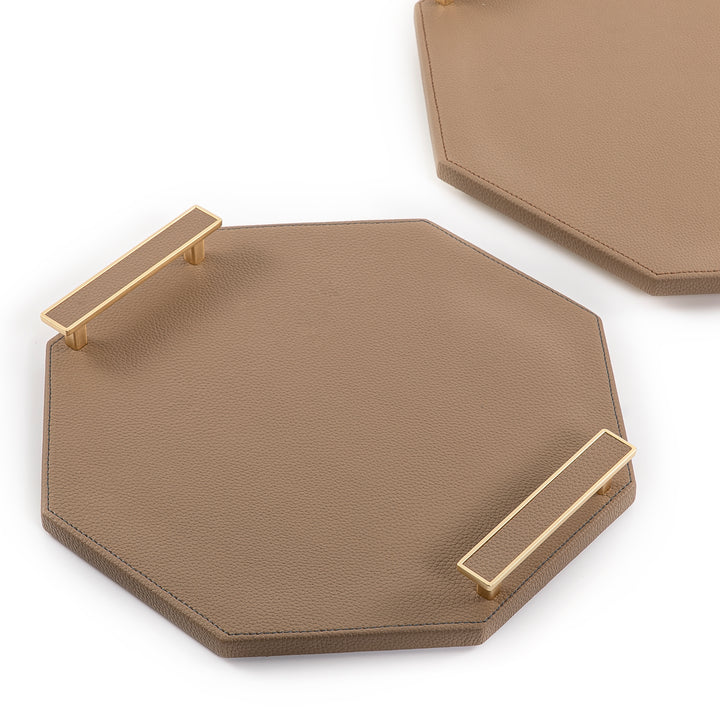 Hexagonal shape 2 Wooden Tray, Wrap with Brown Color leather