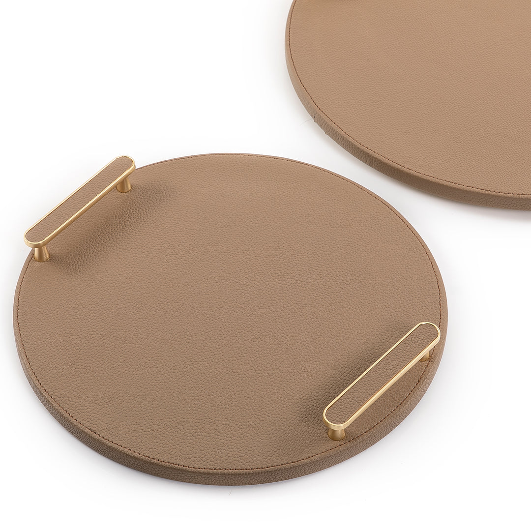 Round Shape 2 Wooden Tray, Wrap with Brown Color leather