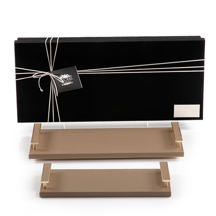 Wooden Tray set, Wrap with Brown colour leather