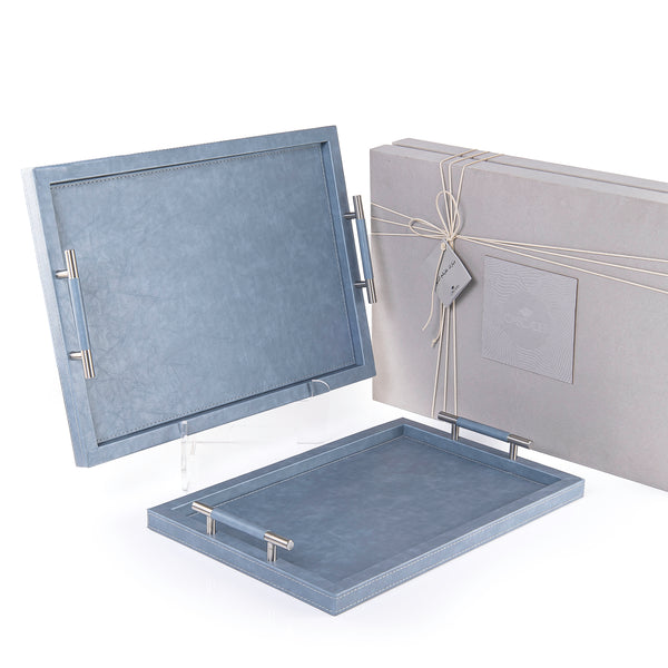 Set of 2 sky blue leather tray with gift box