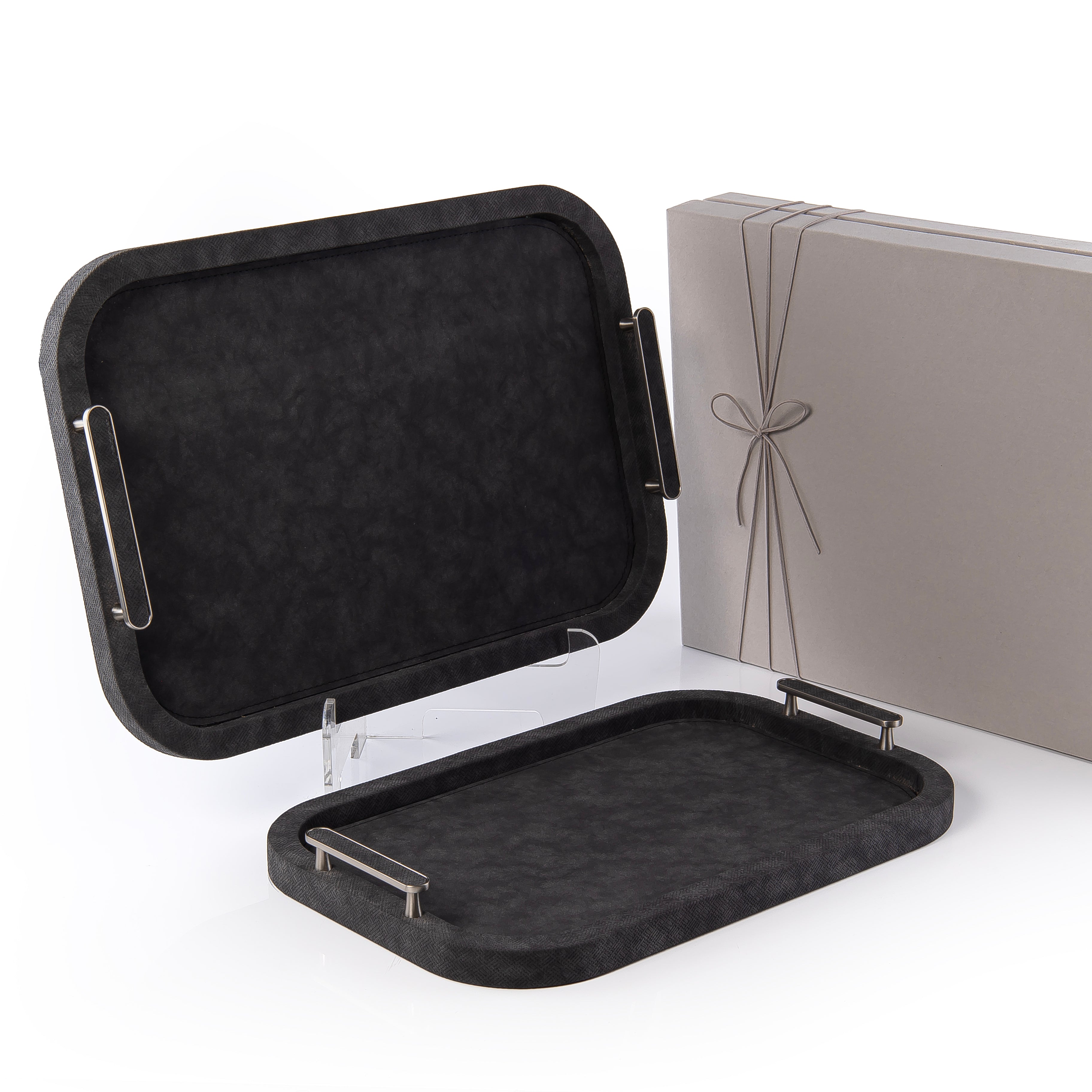 Set of 2 Leather Tray With Gift Box - Black