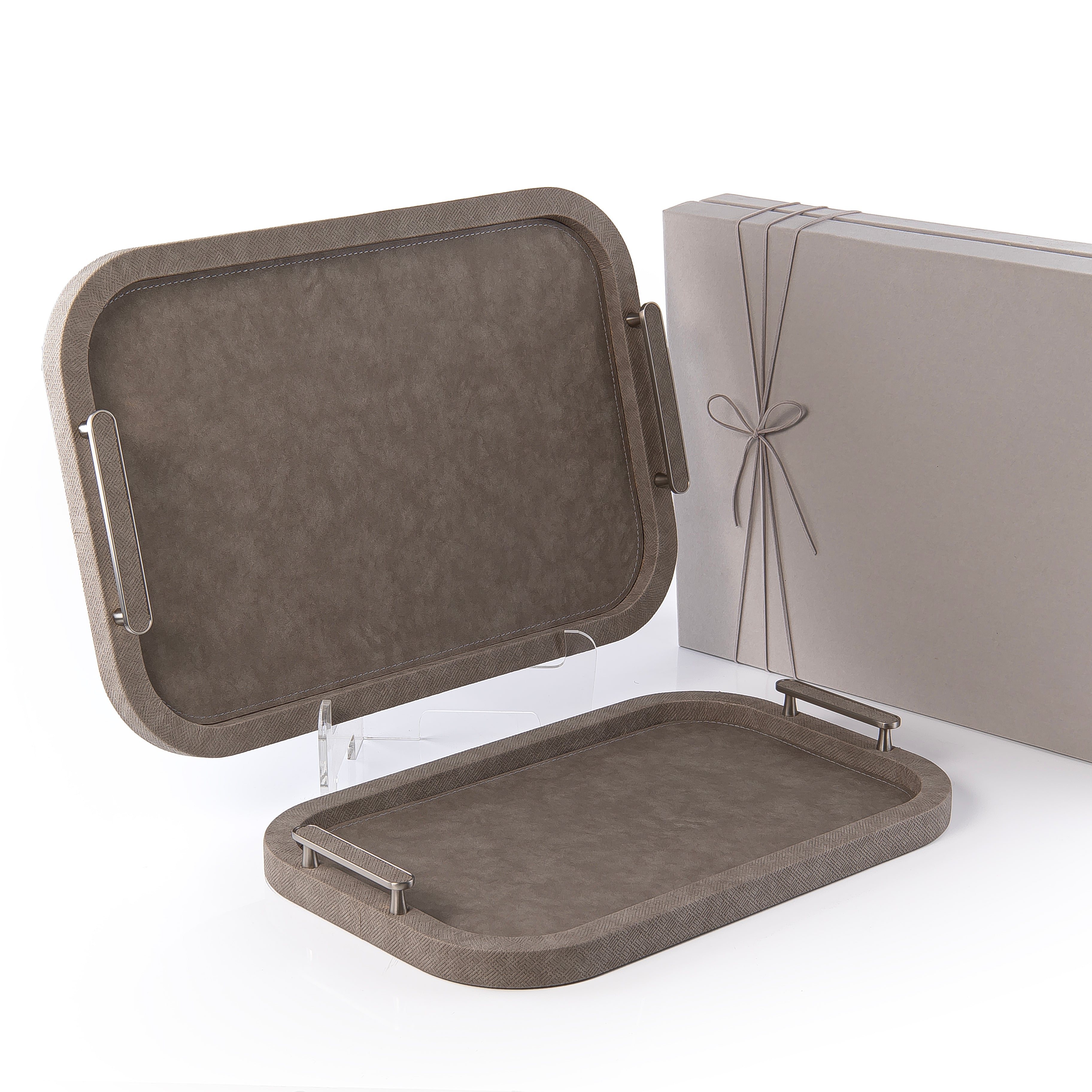 طقم مكون من 2 صينية تقديم من الجلد مع بوكس هدايا - رمادي