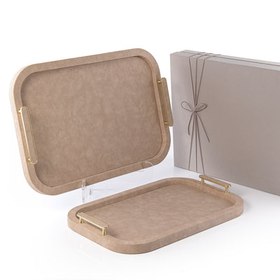 طقم مكون من 2 صينية تقديم من الجلد  مع بوكس هدايا - بيج 