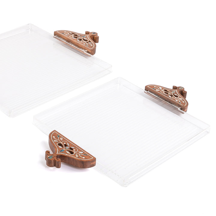 Set of 2 acrylic tray with wooden handle