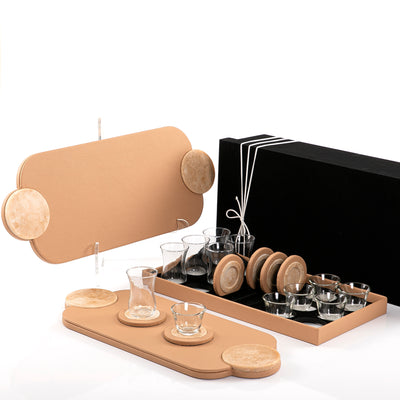 Set of 2 leather trays with cups and coaster with gift box