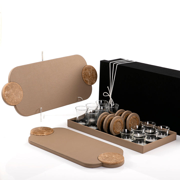 Set of 2 leather trays with cups and coaster with gift box - CASCADES