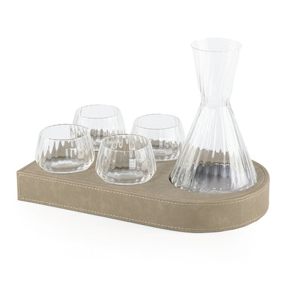 Set of 5 pcs serving box of Jug and 4 glasses on leather Tray with gift box