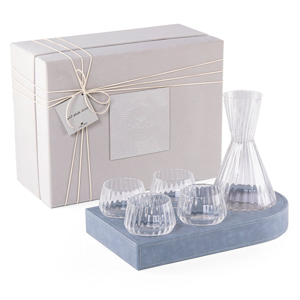 Set of 4 Glasses, Jug and leather Tray with gift box - turquoise blue