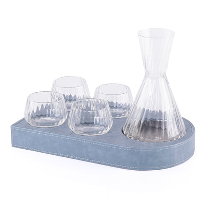 Set of 5 pcs serving box of Jug and 4 glasses on leather Tray with gift box