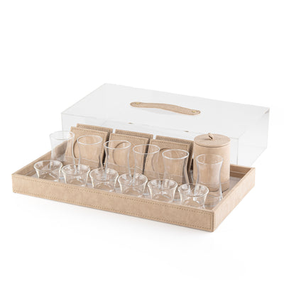 طقم أكواب وكوستر جلد مع بوكس هدايا - بيج 