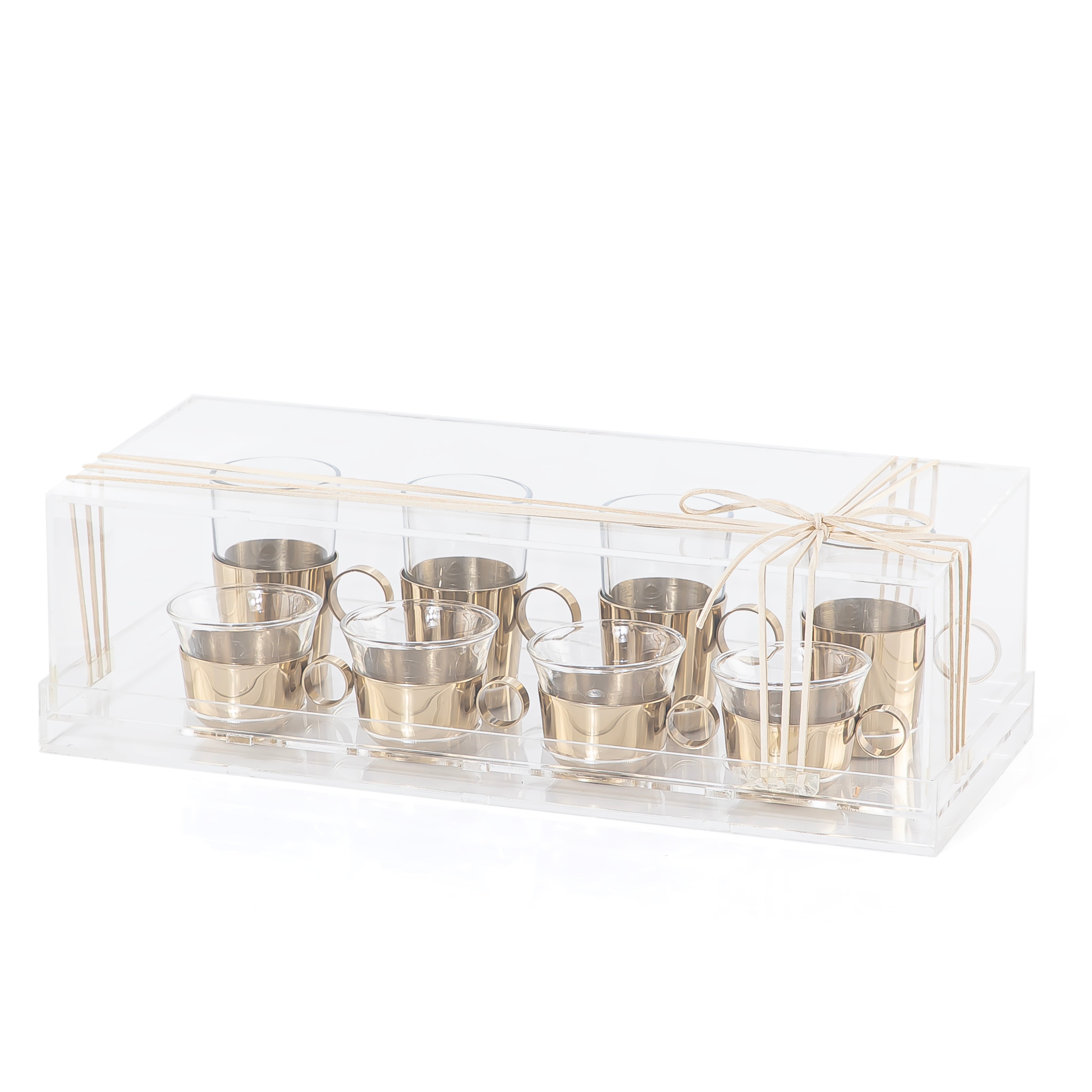Set of 4 pcs tea stikana and 4 arabic coffee cups - gold