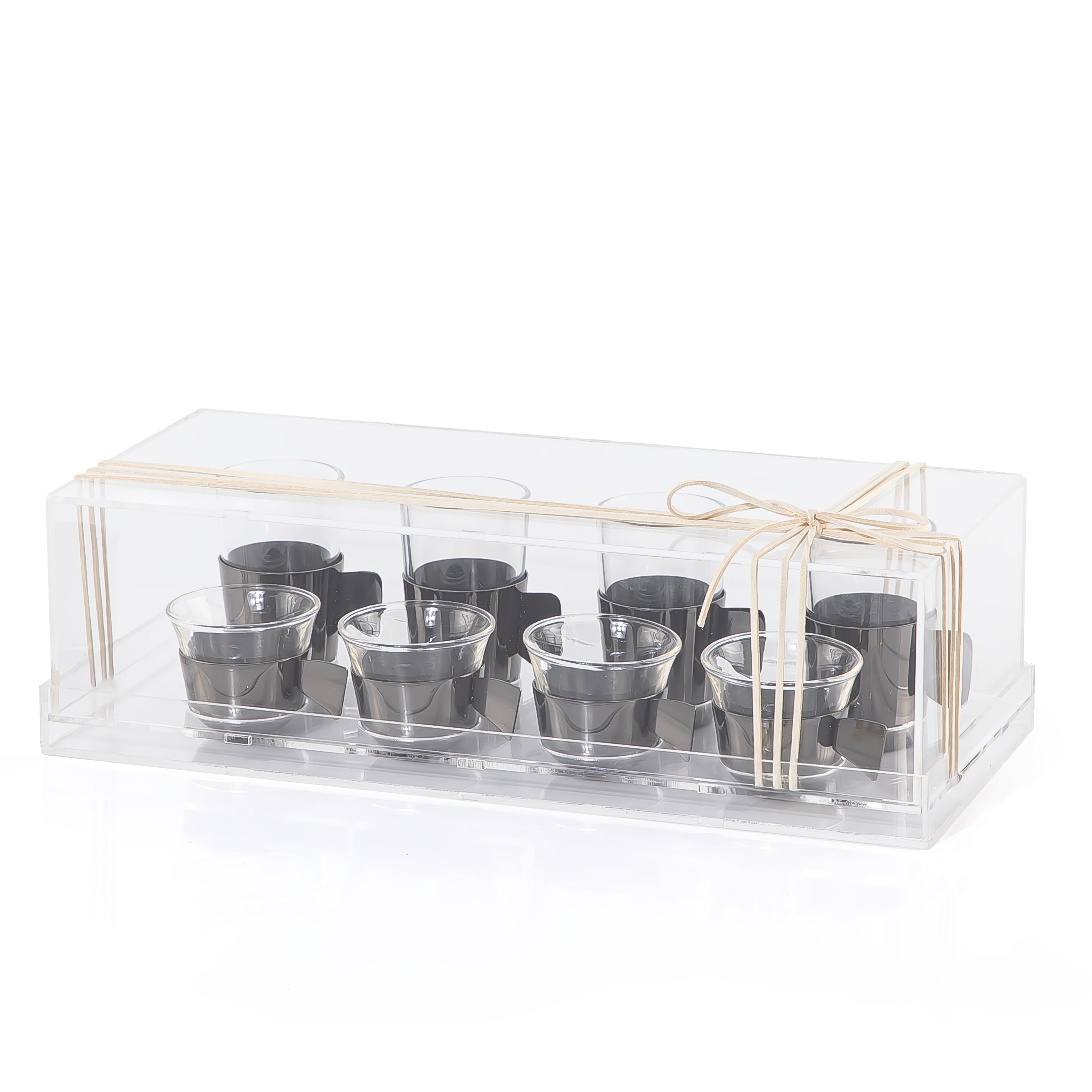 طقم 8 كاسات شاي وقهوة مع حوامل معدنية باللون الأسود و بوكس أكريليك شفاف