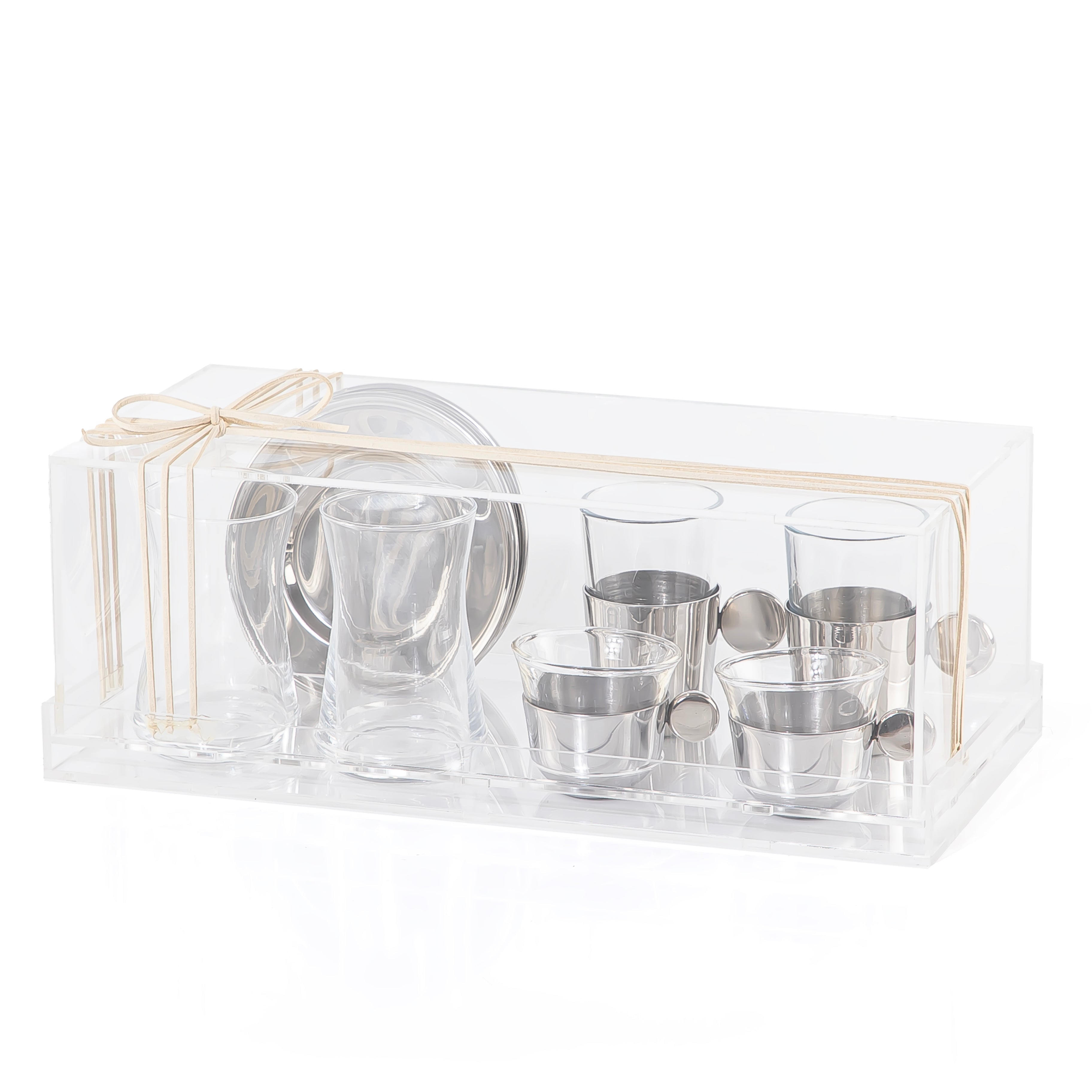 طقم 6 كاسات شاي وقهوة مع حوامل معدنية باللون الفضي مع بوكس أكريليك شفاف