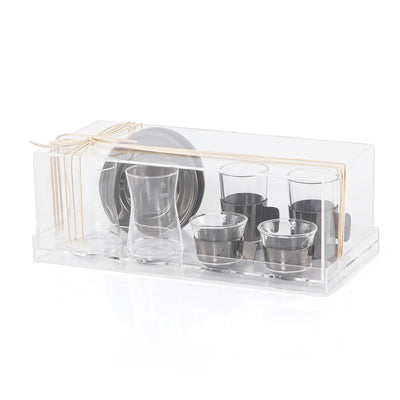 طقم من 6 أكواب زجاج مع عدد 2 صحن - أسود