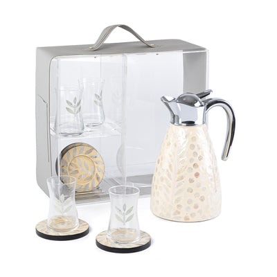 Mother of Pearl Thermos Set with 4 Glass Tea Cups & 4 Saucers in Acrylic Box - Cream