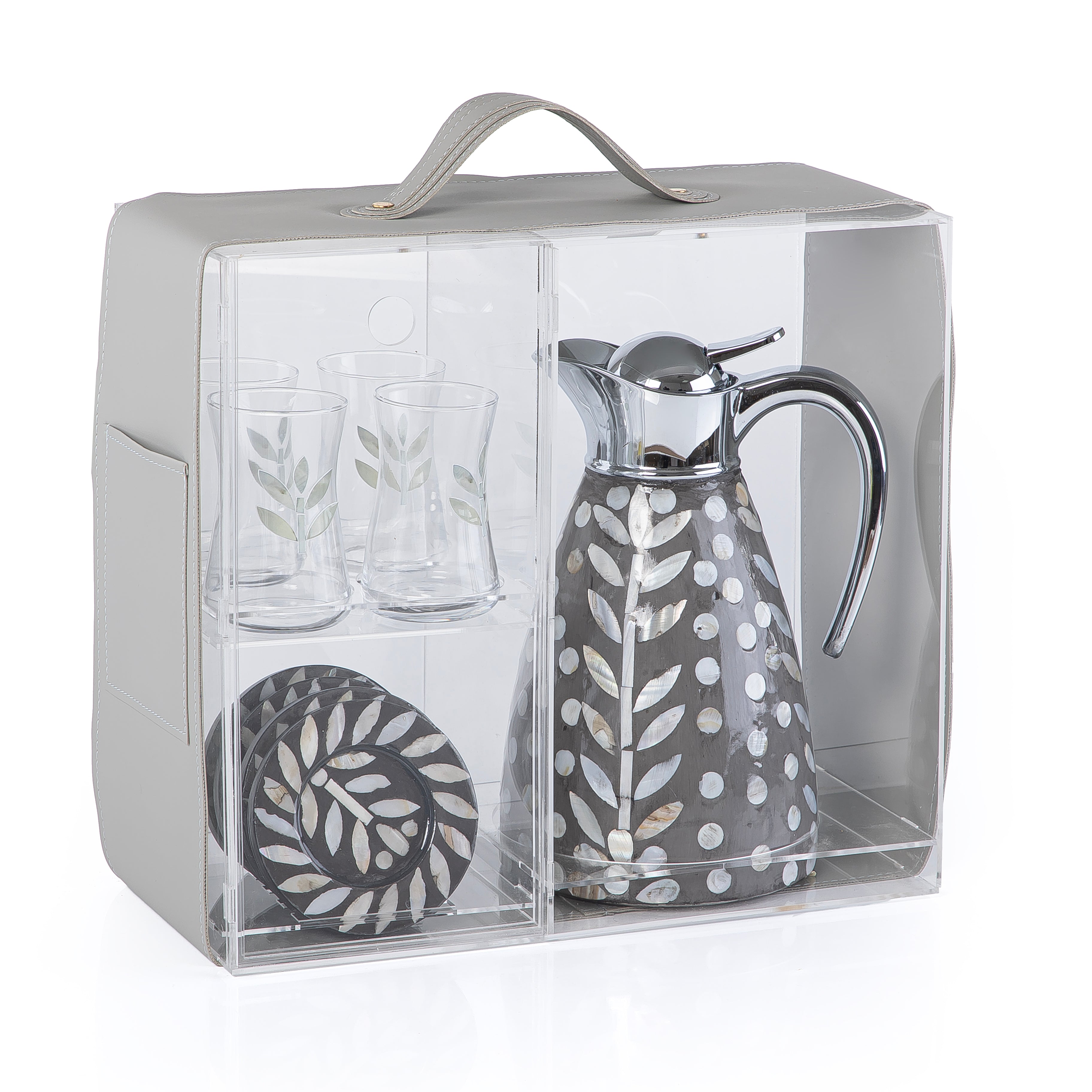 Mother of Pearl Thermos Set with 4 Glass Tea Cups & 4 Saucers in Acrylic Box - Grey