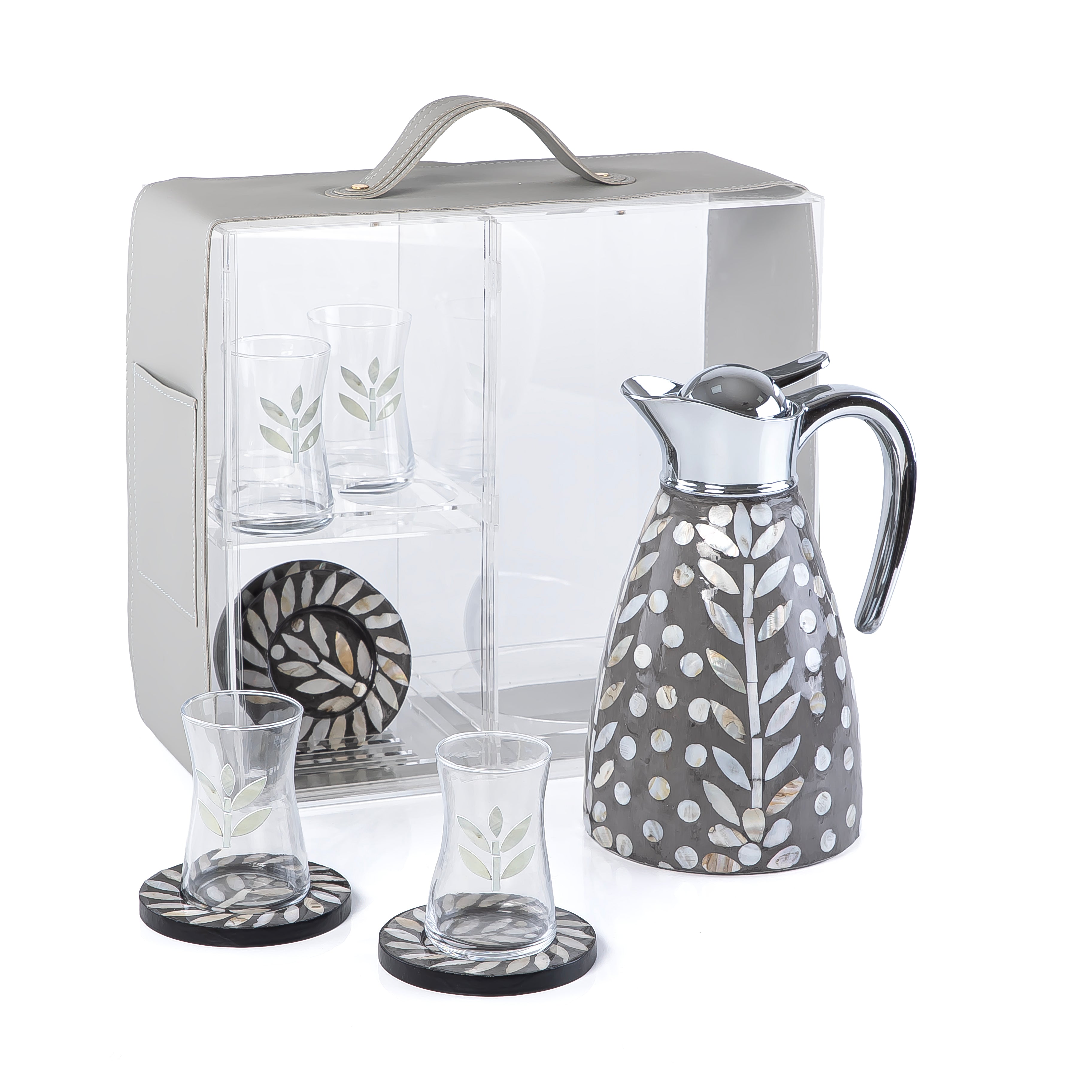 Mother of Pearl Thermos Set with 4 Glass Tea Cups & 4 Saucers in Acrylic Box - Grey