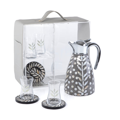 Mother of Pearl Thermos Set with 4 Glass Tea Cups & 4 Saucers in Acrylic Box - Grey