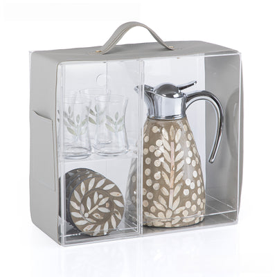Mother of Pearl Thermos Set with 4 Glass Tea Cups & 4 Saucers in Acrylic Box - Beige