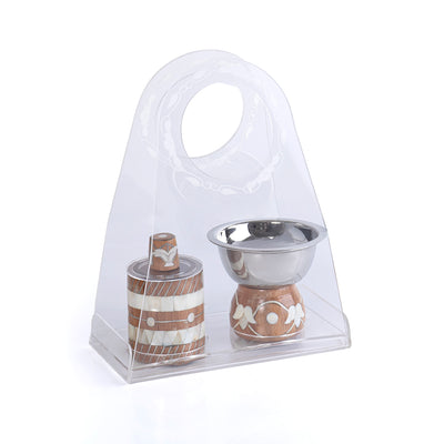 طقم مبخر أنيق من الخشب المطعم بالصدف مكون من 2 قطعة - بني