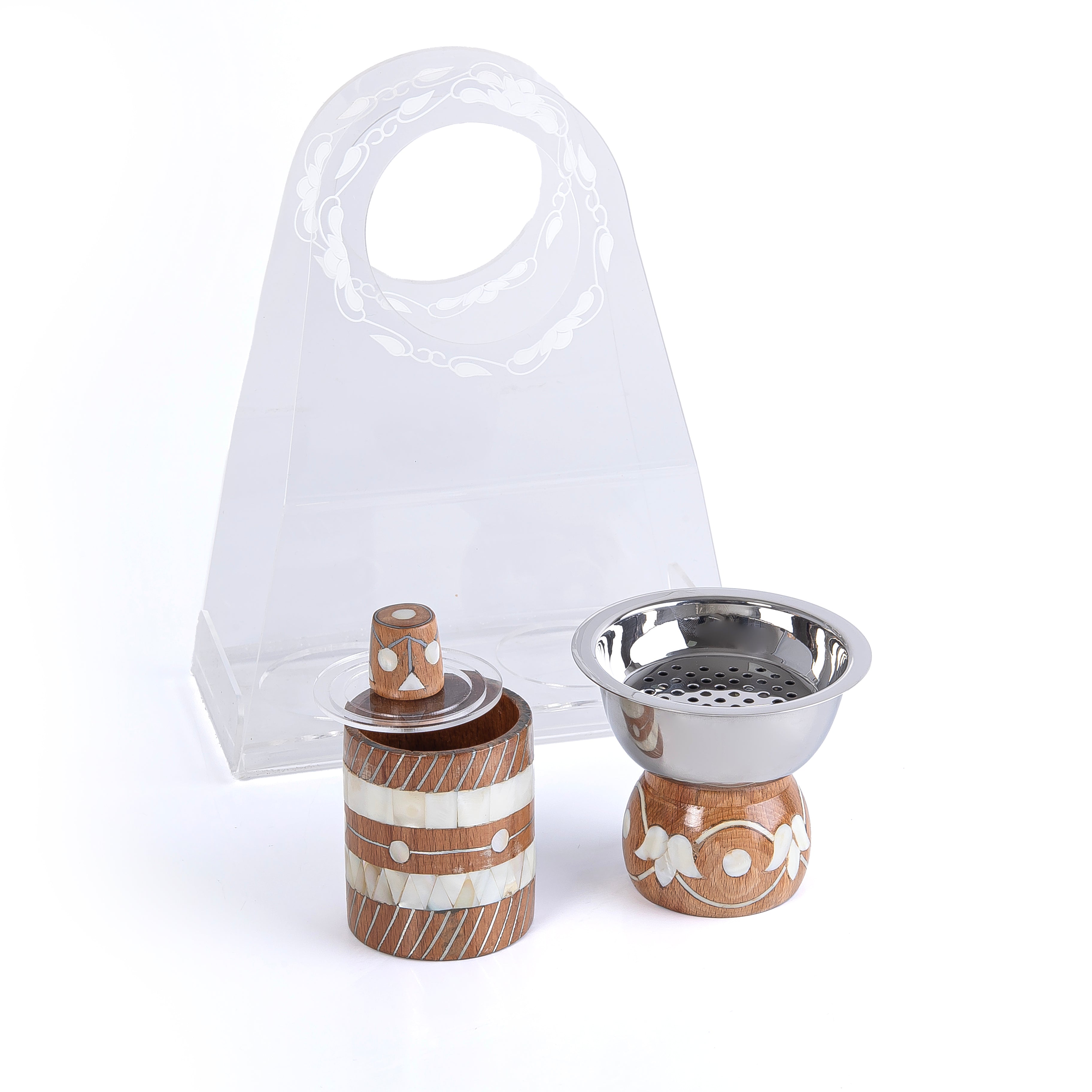 طقم مبخر أنيق من الخشب المطعم بالصدف مكون من 2 قطعة - بني