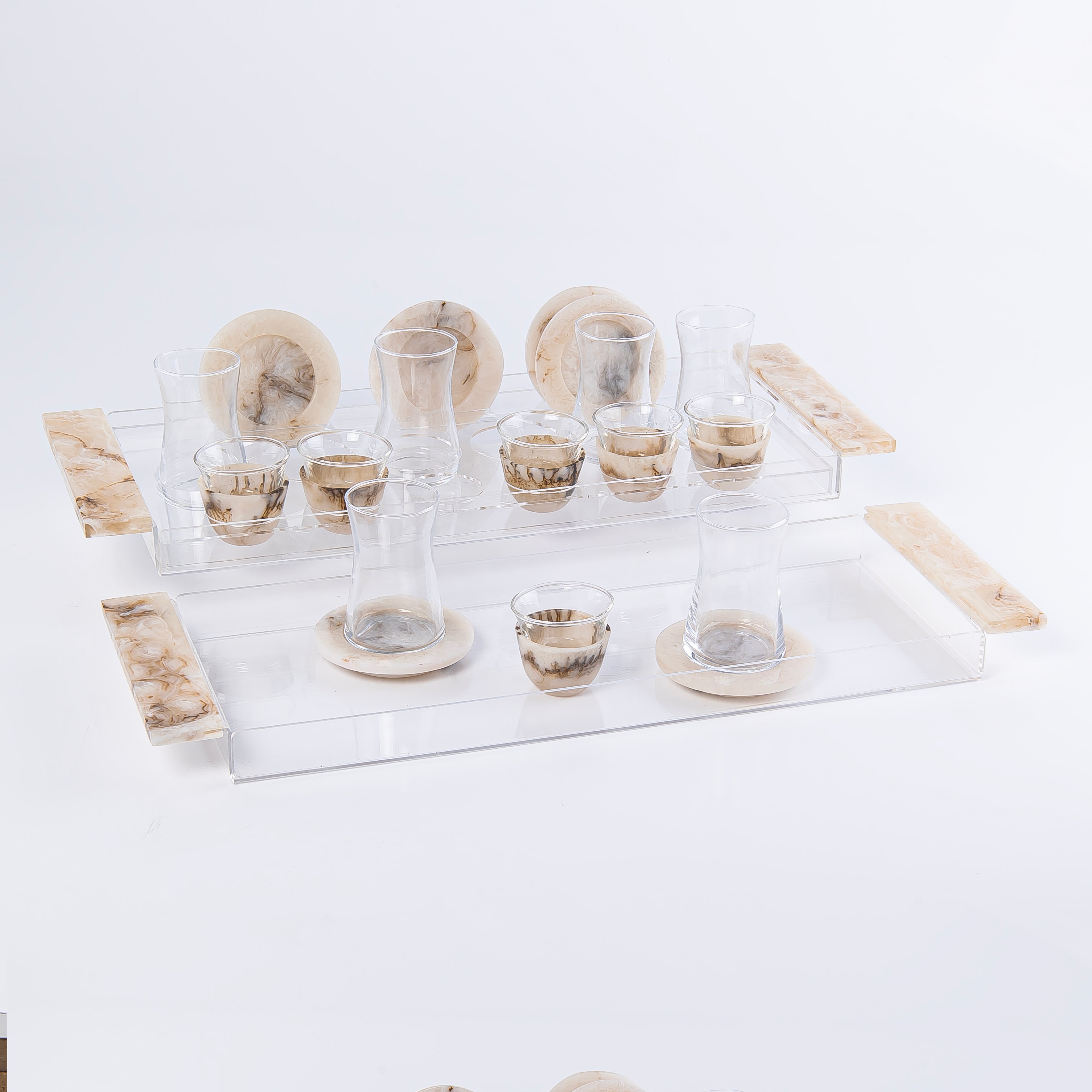 طقم راتنج مكون من 20 قطعة (إستيكانات + فناجين قهوة + صحون + صواني) مع بوكس هدايا - بيج