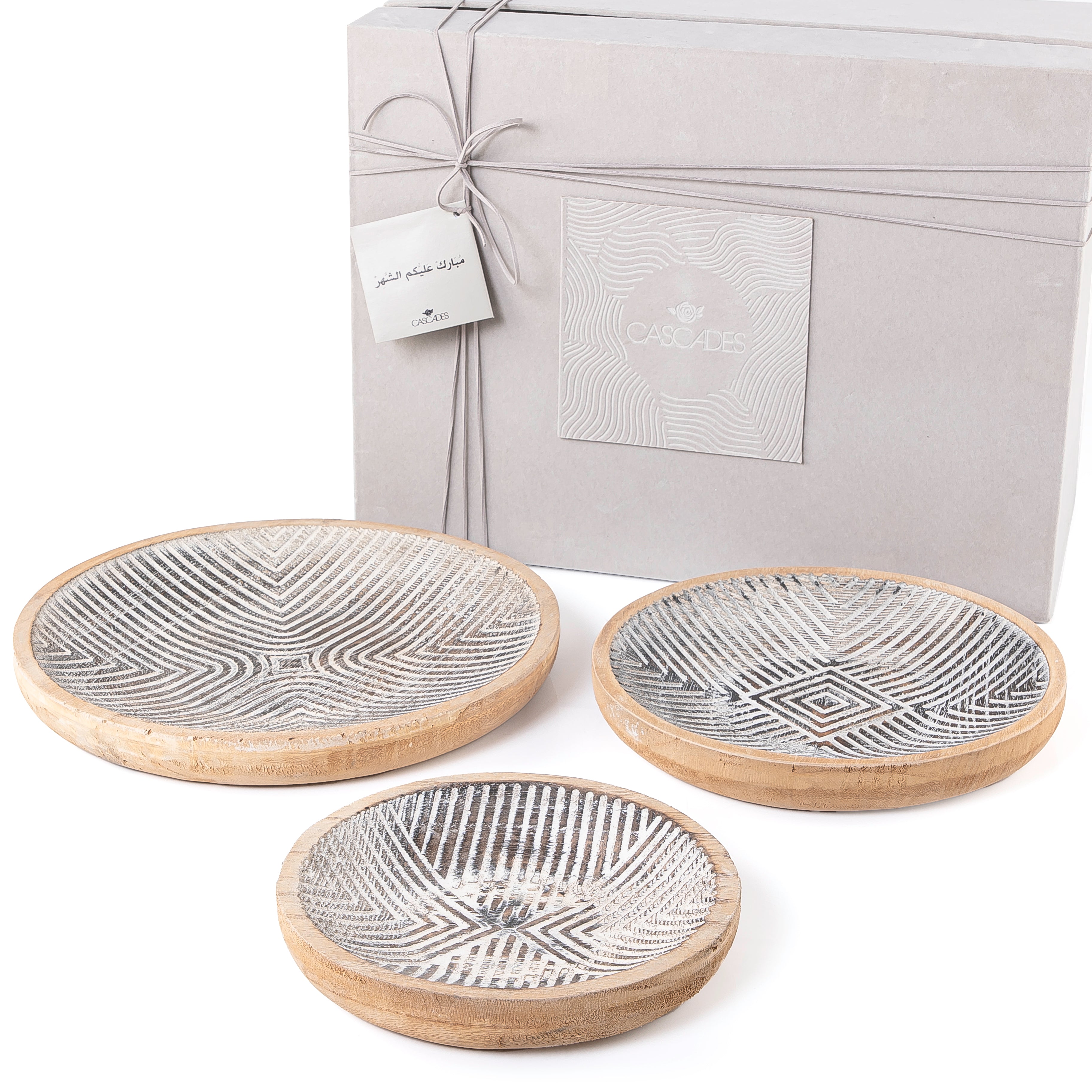 Set of 3 Round Wood Tray With Gift Box