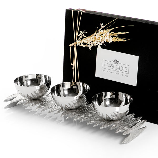 Silver Metal Tray With 3 Bowls With Gift Box