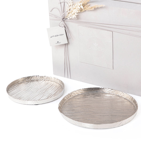 Set of 2 Silver Round Metal Tray With Gift Box