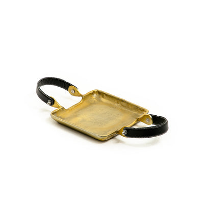 gold metal tray with black handles