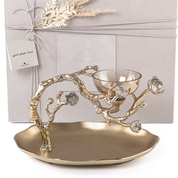 Gold Metal Stand With Round Glass Bowl and Gift Box