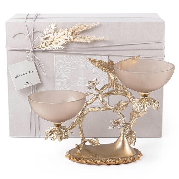 Brown Glass Bowl on Gold Metal Stand with Gift Box