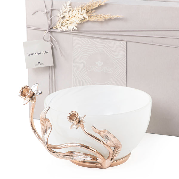 White Glass Bowl with Metal Decoration with Gift Box