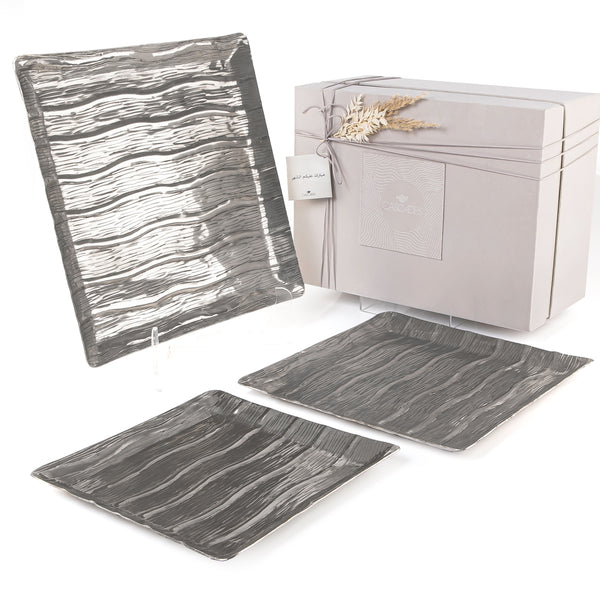 Set of 3 Silver Square Metal Tray with Gift Box